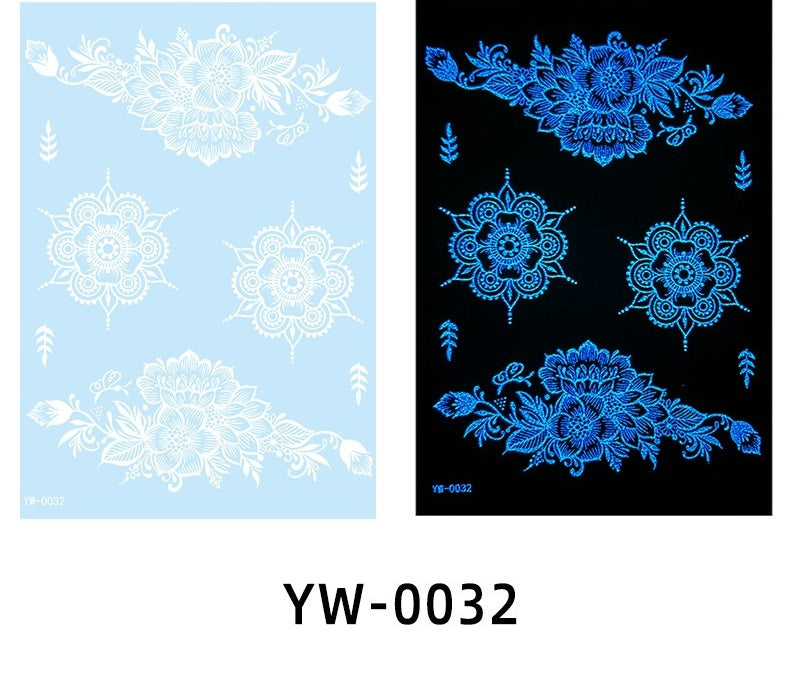 Two sheets of floral lace patterns, one on light blue and one on black, with 'YW-0032' label.